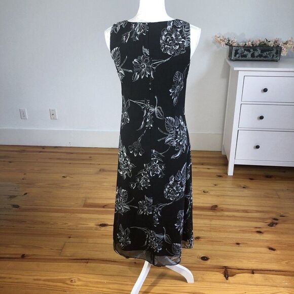 Vintage 90s Black Chiffon Floral Print Sheath Slip Dress 4 Petite Sleeveless - Picture 5 of 12